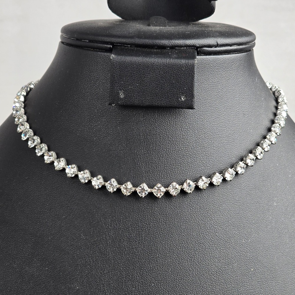Vintage Clear Crystal Rhinestone Tennis Necklace Silver Tone Bridal Choker 14"